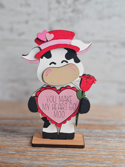 Valentine's Day Cow with Rose Wood Shelf Sitter - Valentine's Day Decor