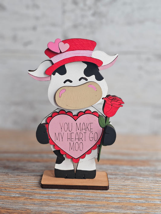 Valentine's Day Cow with Rose Wood Shelf Sitter - Valentine's Day Decor