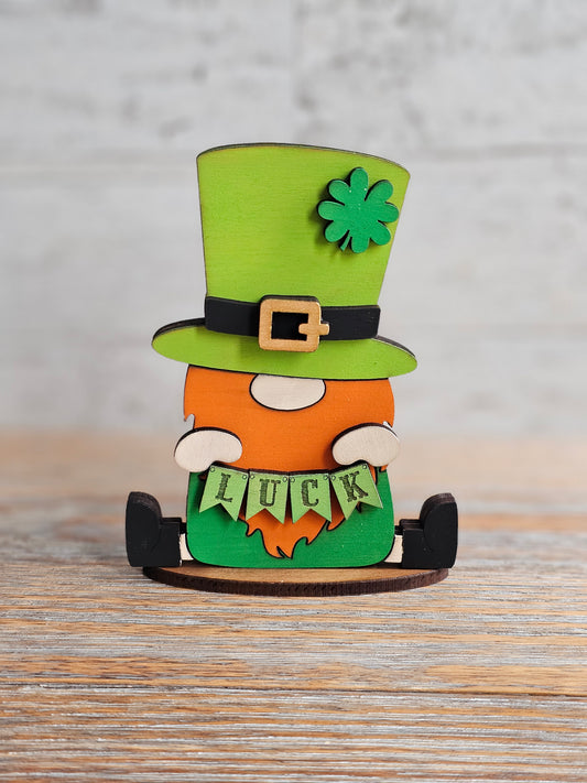 St Patricks Day Lucky Gnome Decor - 5-6 Inch Leprechaun Shelf Sitter - Tiered Tray St Patty’s Day Wood Decor