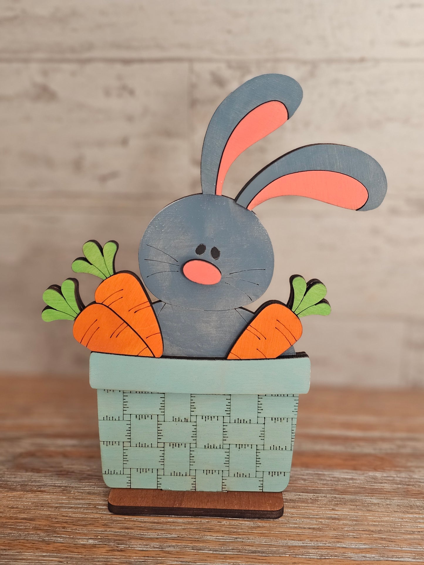 Floppy Ear Bunny in Basket Wood Decor