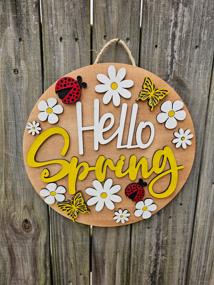 Hello Spring Ladybugs and Butterflies Wooden Door Hanging Sign