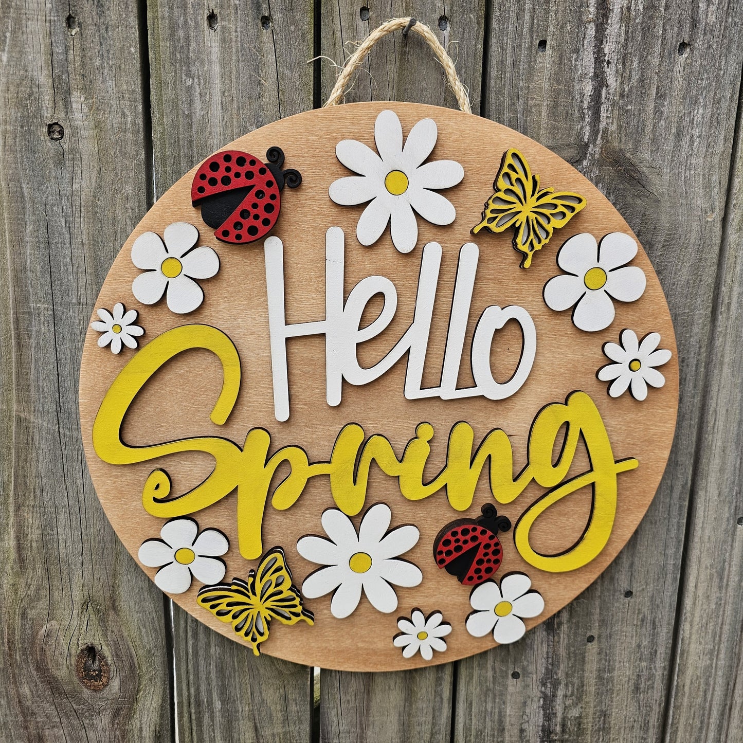 Hello Spring Ladybugs and Butterflies Wooden Door Hanging Sign