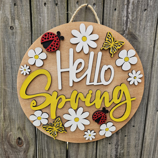 Hello Spring Ladybugs and Butterflies Wooden Door Hanging Sign