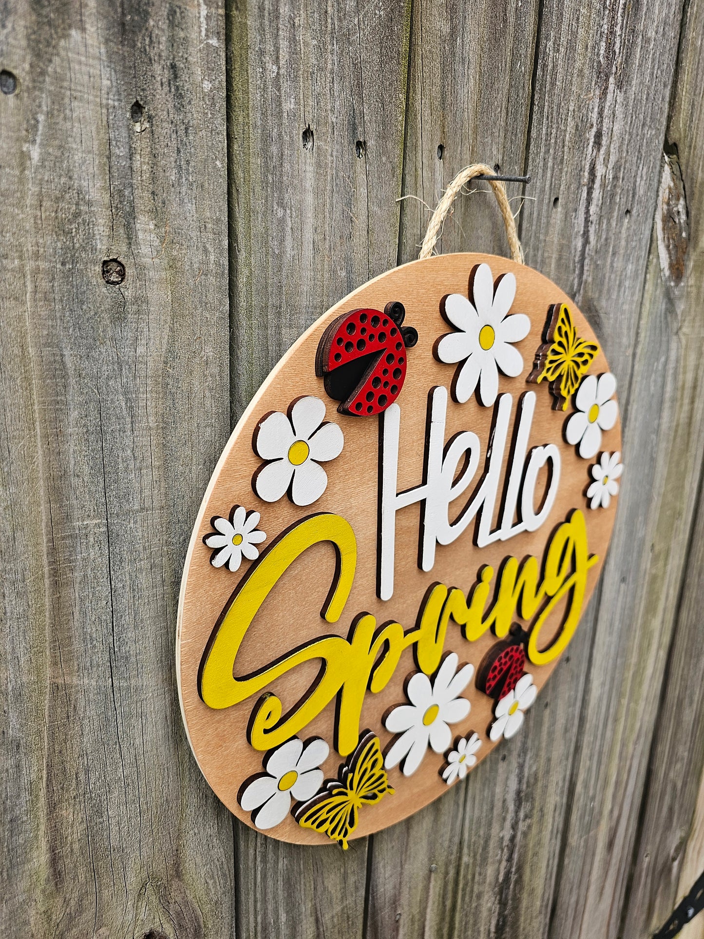 Hello Spring Ladybugs and Butterflies Wooden Door Hanging Sign
