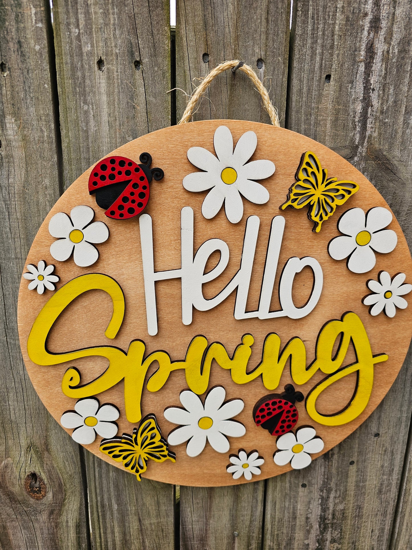 Hello Spring Ladybugs and Butterflies Wooden Door Hanging Sign