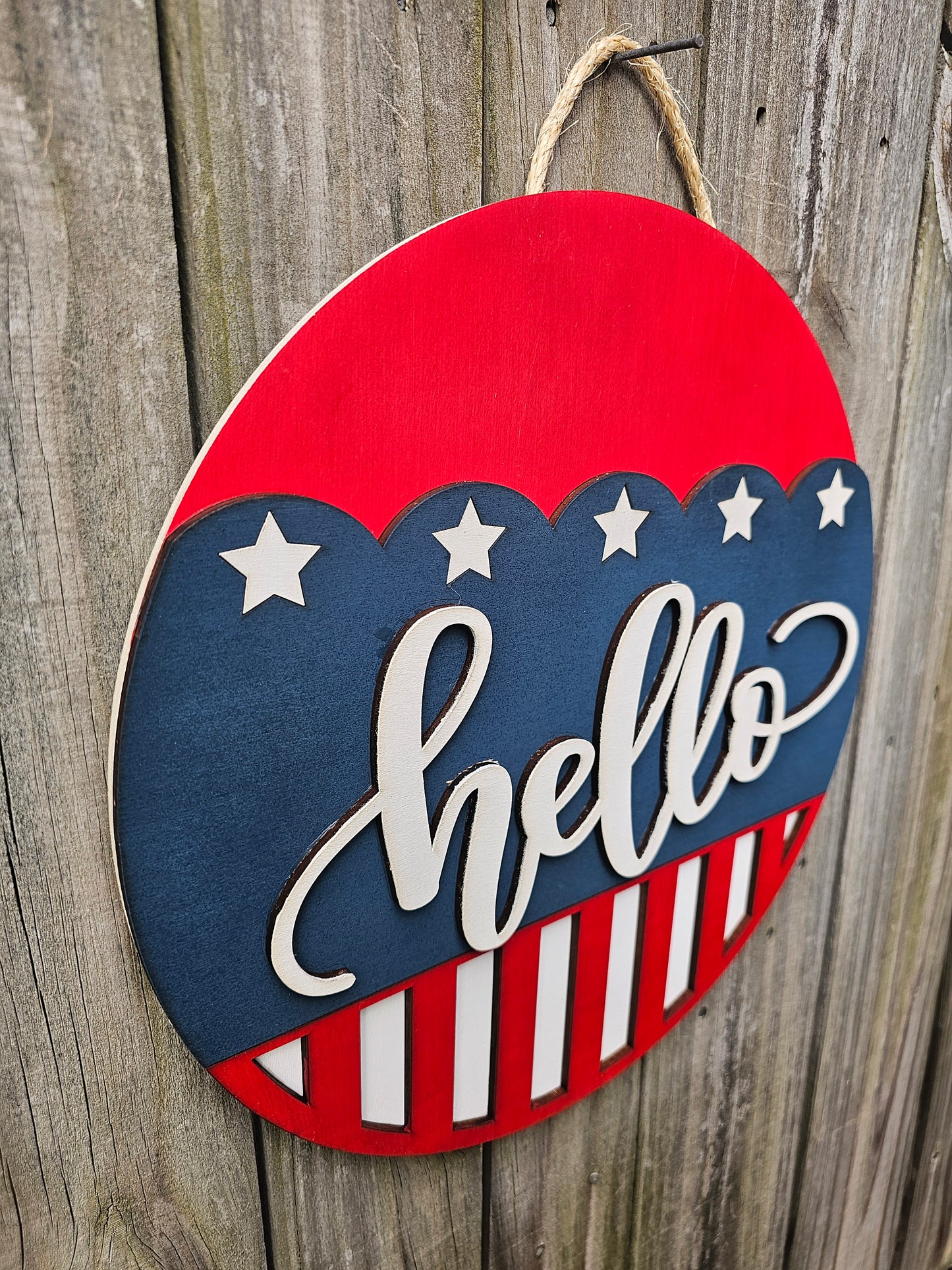 Hello Patriotic Wood Door Sign