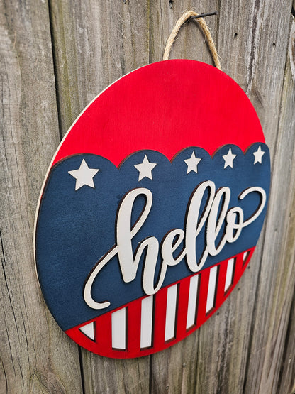 Hello Patriotic Wood Door Sign