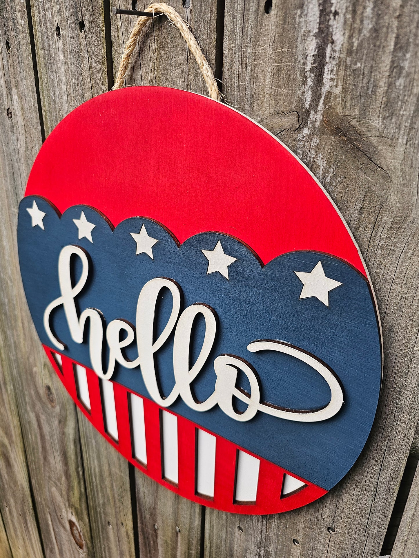 Hello Patriotic Wood Door Sign