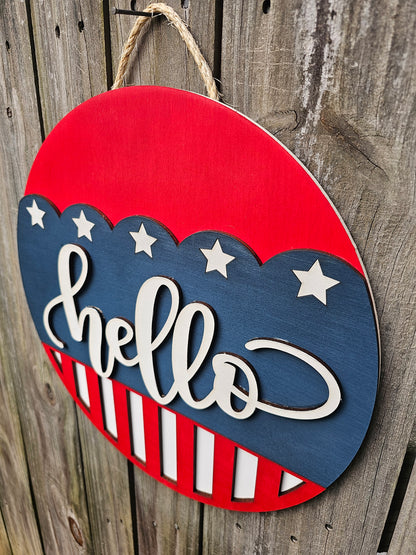 Hello Patriotic Wood Door Sign