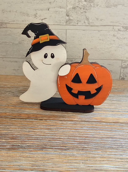 Ghost in Witch Hat with Pumpkin Wooden Halloween Shelf Sitter
