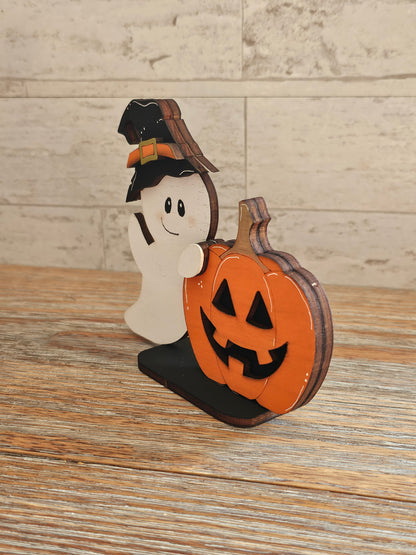 Ghost in Witch Hat with Pumpkin Wooden Halloween Shelf Sitter