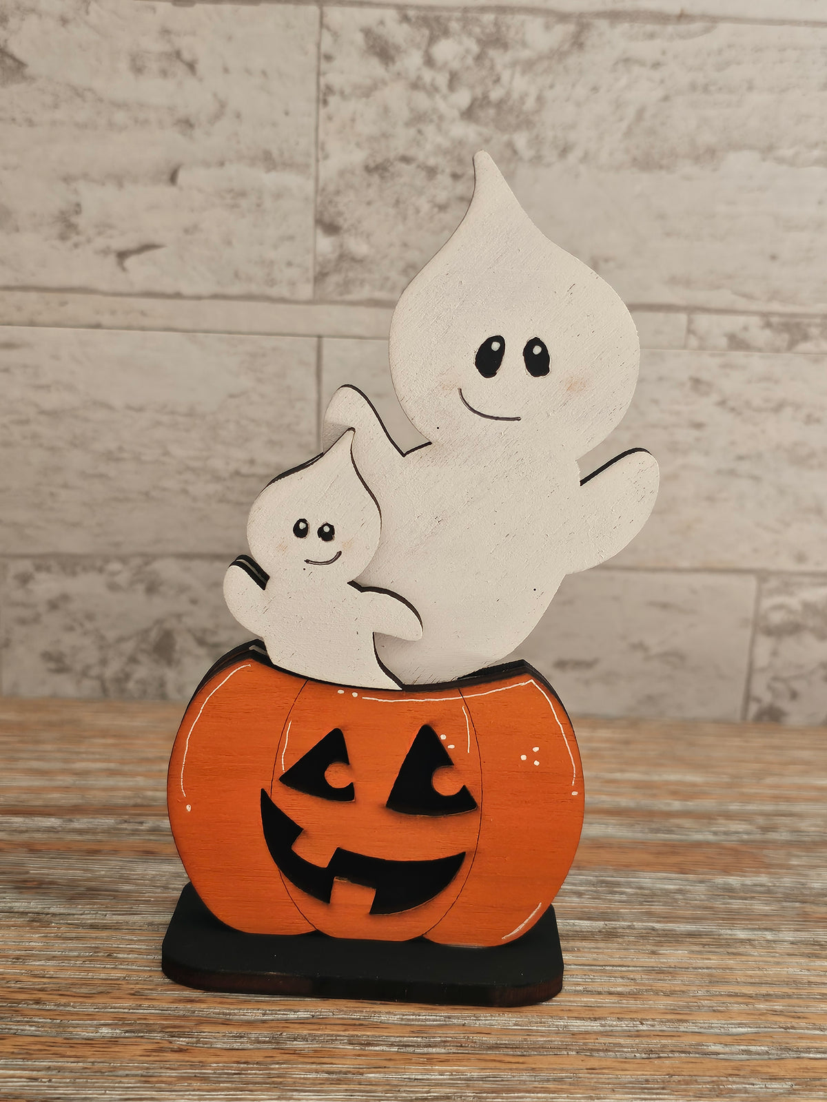 Two Ghosts on Pumpkin Wooden Halloween Shelf Sitter