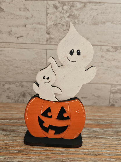 Two Ghosts on Pumpkin Wooden Halloween Shelf Sitter