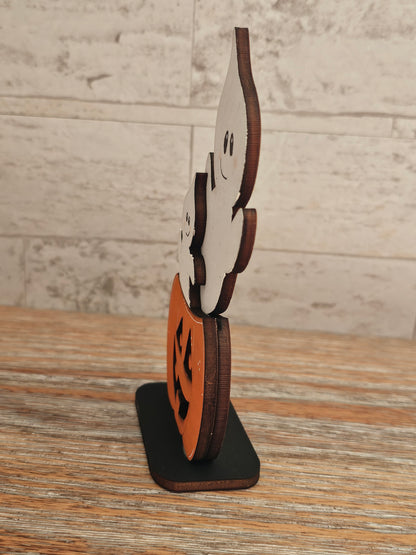 Two Ghosts on Pumpkin Wooden Halloween Shelf Sitter