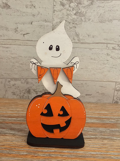 Ghost with “BOO” Banner and Pumpkin Wooden Halloween Shelf Sitter
