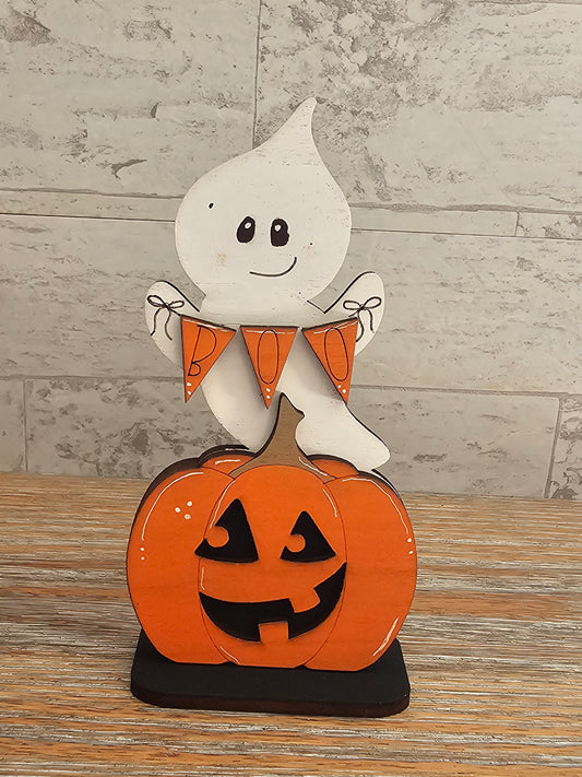 Ghost with “BOO” Banner and Pumpkin Wooden Halloween Shelf Sitter