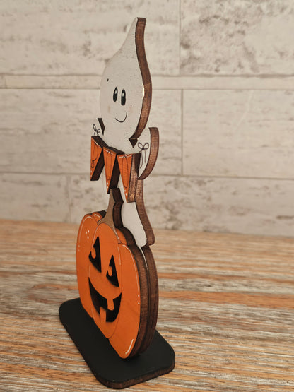 Ghost with “BOO” Banner and Pumpkin Wooden Halloween Shelf Sitter