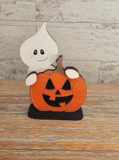 Ghost Peeking Over Pumpkin Wooden Halloween Shelf Sitter