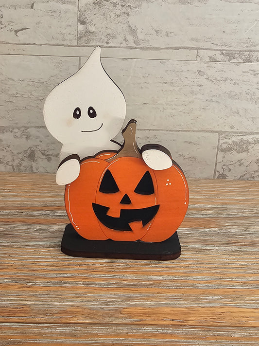 Ghost Peeking Over Pumpkin Wooden Halloween Shelf Sitter