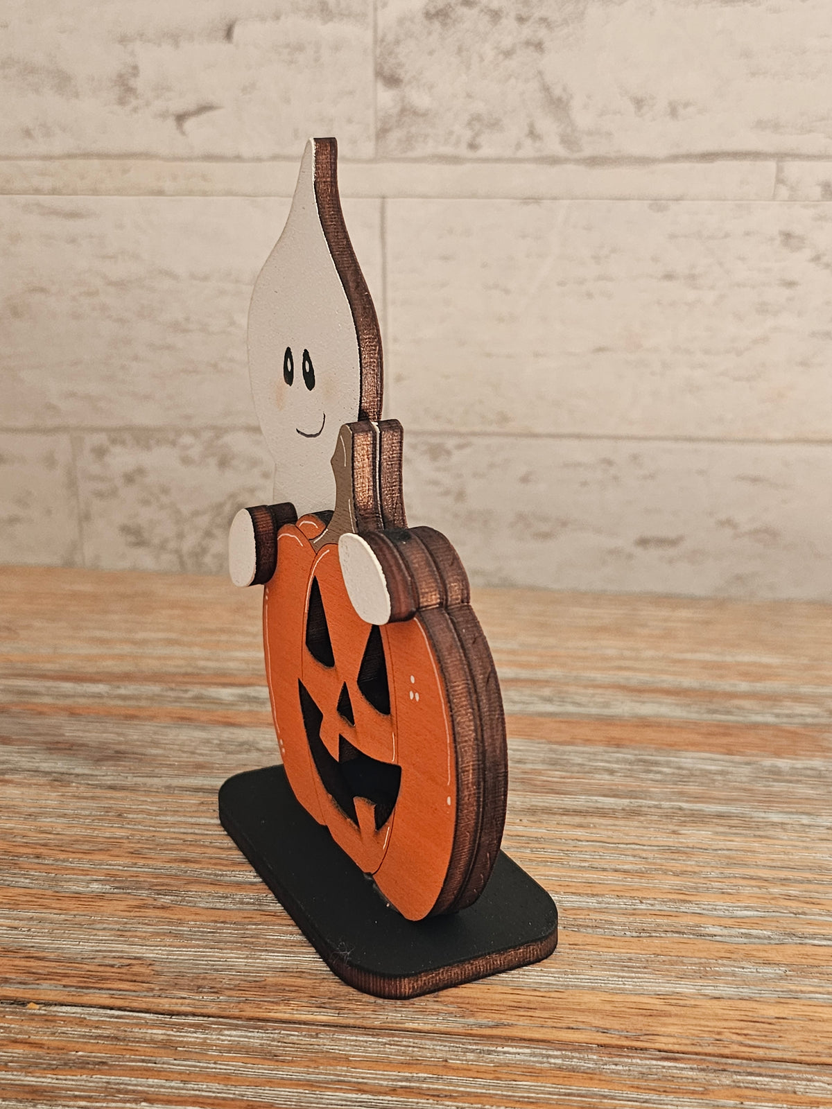Ghost Peeking Over Pumpkin Wooden Halloween Shelf Sitter