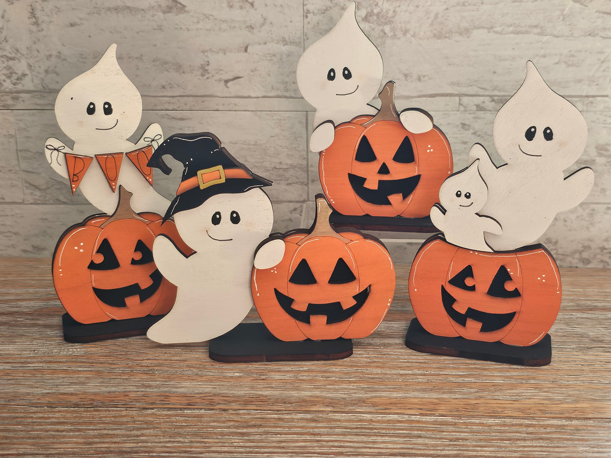 Ghost in Witch Hat with Pumpkin Wooden Halloween Shelf Sitter