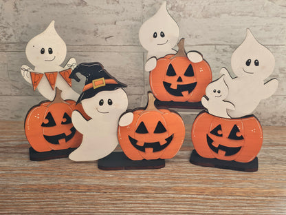 Ghost in Witch Hat with Pumpkin Wooden Halloween Shelf Sitter