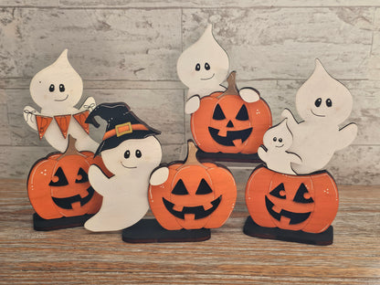 Two Ghosts on Pumpkin Wooden Halloween Shelf Sitter