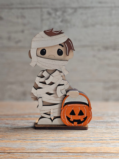 Mummy with Pumpkin Bucket Wooden Halloween Shelf Sitter