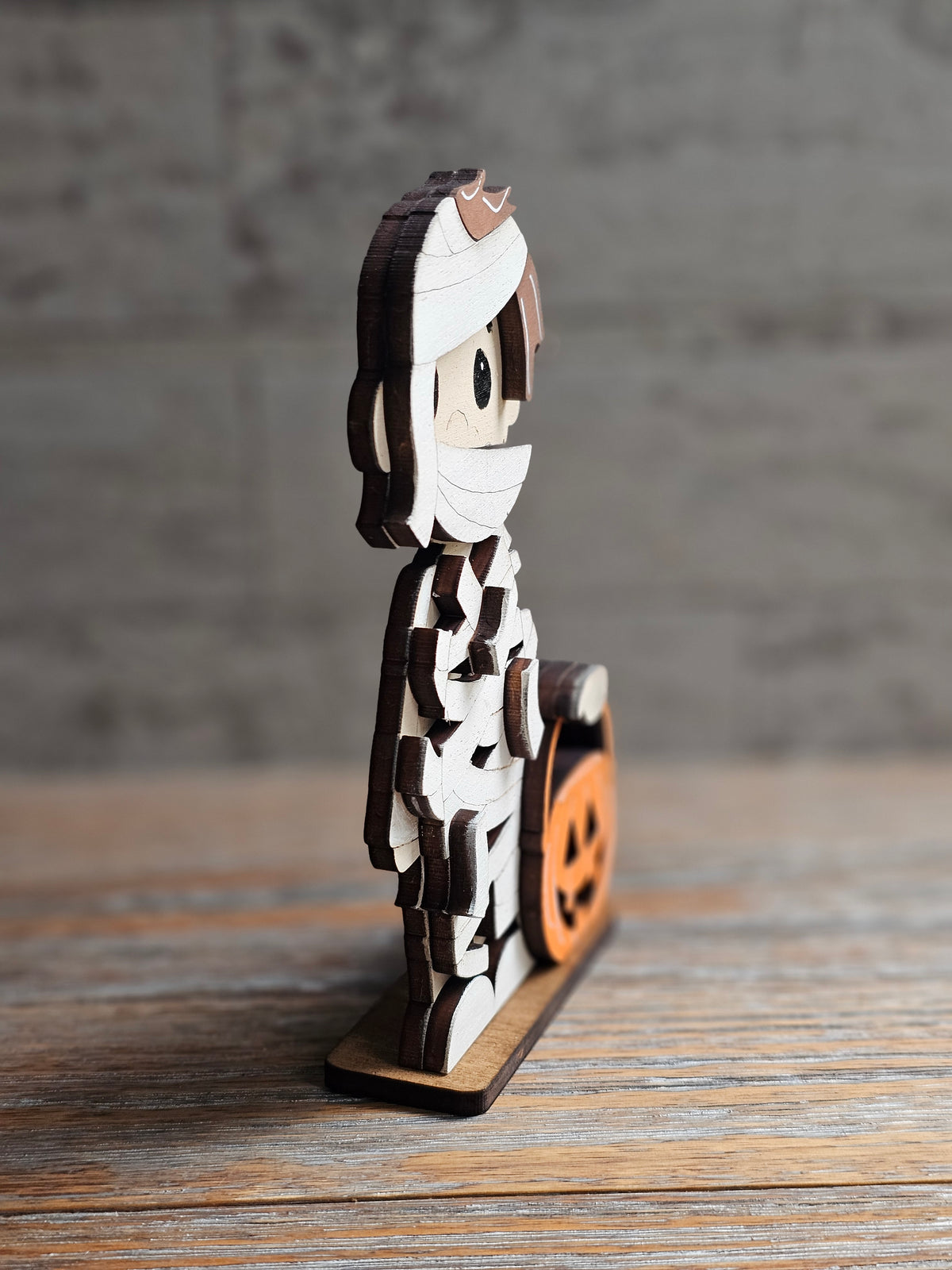 Mummy with Pumpkin Bucket Wooden Halloween Shelf Sitter