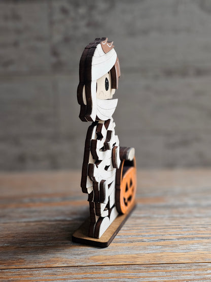 Mummy with Pumpkin Bucket Wooden Halloween Shelf Sitter