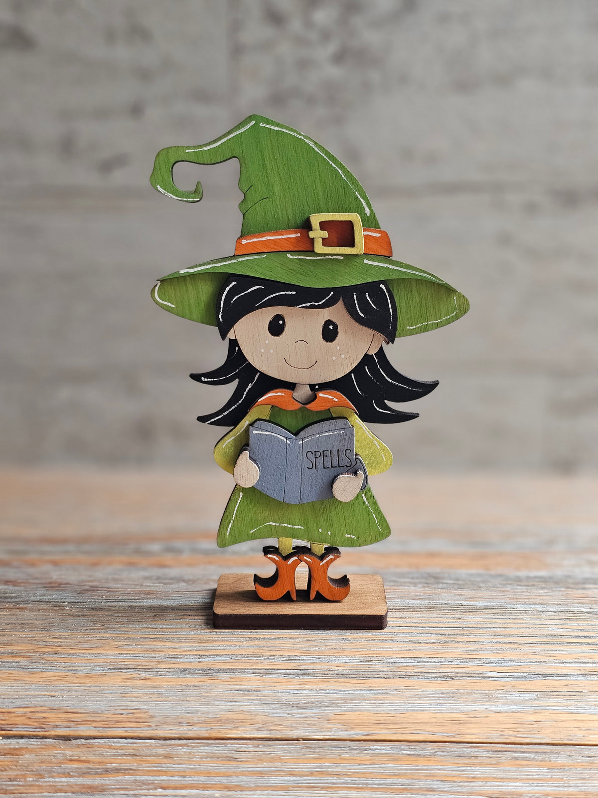 Halloween Witch with Spell Book Wood Shelf Sitter