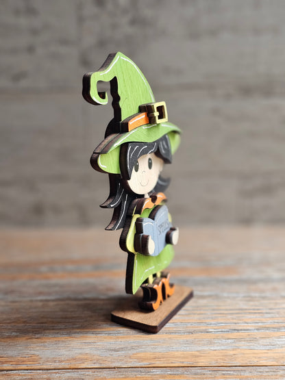 Halloween Witch with Spell Book Wood Shelf Sitter
