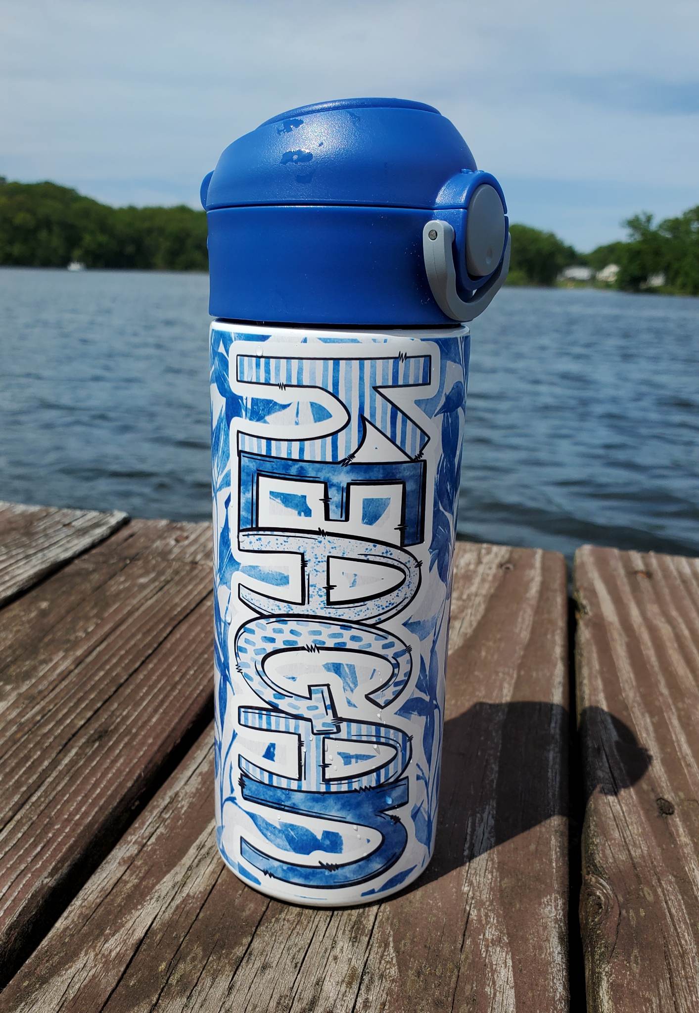 Blue Floral Flip Top Water Bottle - Personalized