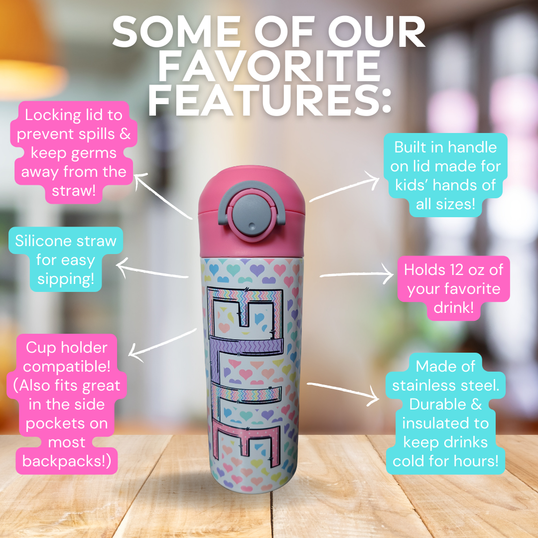 12 oz water bottle with flip top and built in straw. Pastel colored heart themed water bottle for kids. Back to school water bottle for kids. Hearts in pastel colors with a complimentary design personalization and pink lid.
