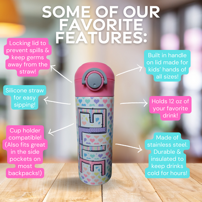 12 oz water bottle with flip top and built in straw. Pastel colored heart themed water bottle for kids. Back to school water bottle for kids. Hearts in pastel colors with a complimentary design personalization and pink lid.