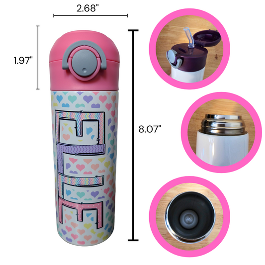 12 oz water bottle with flip top and built in straw. Pastel colored heart themed water bottle for kids. Back to school water bottle for kids. Hearts in pastel colors with a complimentary design personalization and pink lid.