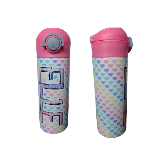 12 oz water bottle with flip top and built in straw. Pastel colored heart themed water bottle for kids. Back to school water bottle for kids. Hearts in pastel colors with a complimentary design personalization and pink lid.