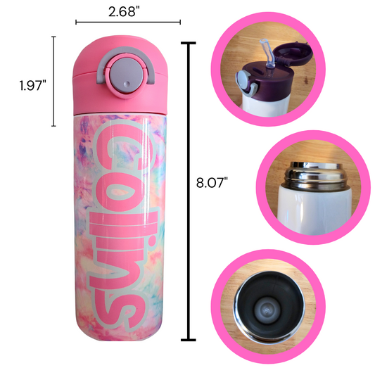 12 oz water bottle with flip top and built in straw. Pink tie dye themed water bottle for kids. Back to school water bottle for kids. Tie dye in pastel colors with a name in pink and pink lid.