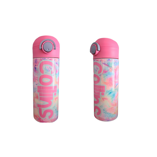 12 oz water bottle with flip top and built in straw. Pink tie dye themed water bottle for kids. Back to school water bottle for kids. Tie dye in pastel colors with a name in pink and pink lid.