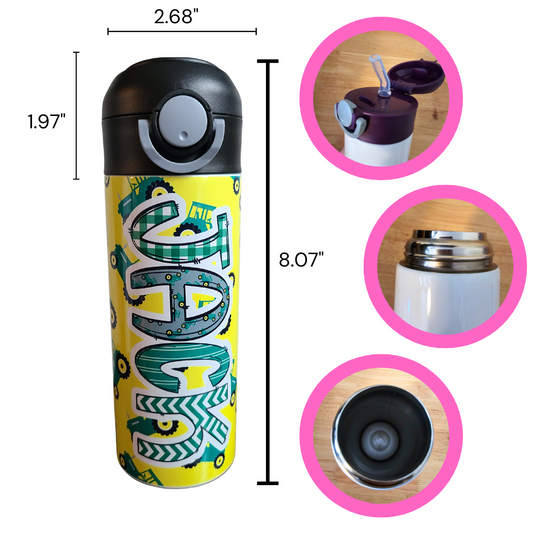 12 oz water bottle with flip top and built in straw. Tractor themed water bottle for kids. Back to school water bottle for kids. Yellow water bottle with green tractors.