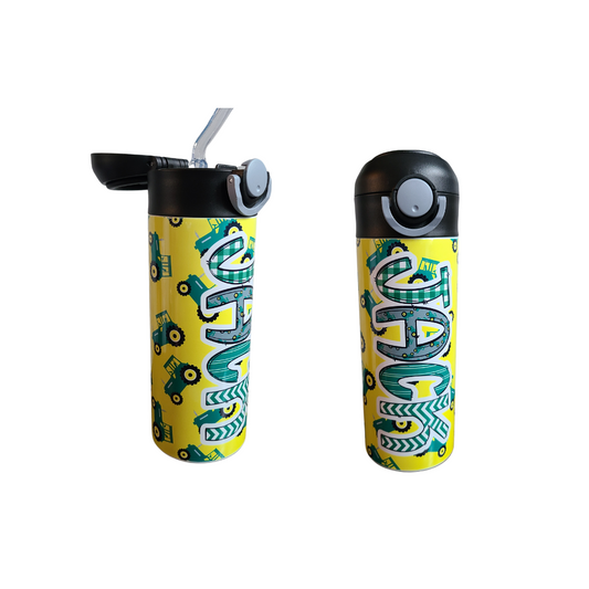 12 oz water bottle with flip top and built in straw. Tractor themed water bottle for kids. Back to school water bottle for kids. Yellow water bottle with green tractors.