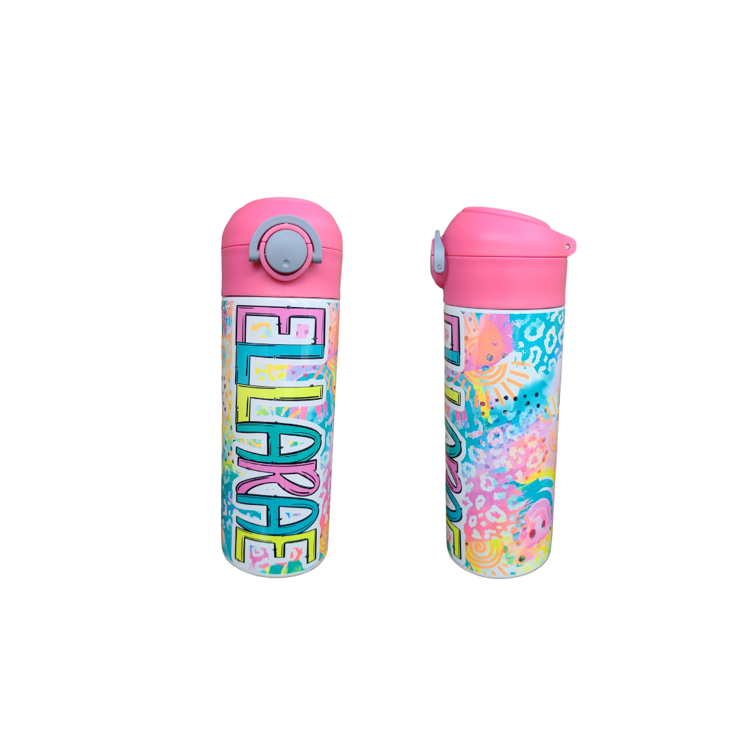 12oz water bottle with pink lid that has a built in straw, locking push button and handle. This design features bright colored animal print with sunshine and rainbows. Personalized in coordinating bright colors with a pink lid. Back to school.