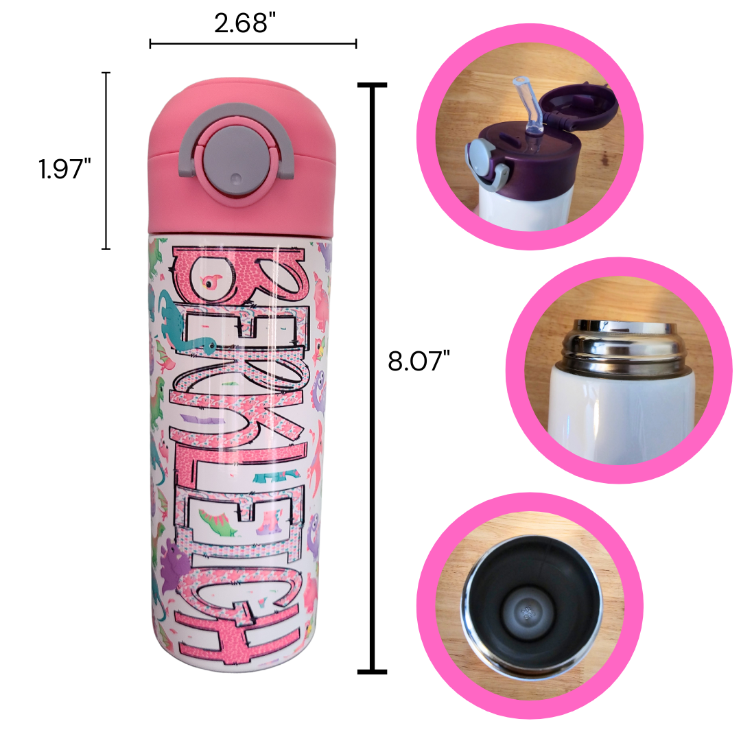 12 oz water bottle with pink lid showing features. Measurements of the entire bottle with lid is 8.07”. Width of 2.68”. and the lid height is 1.97”.  Lid pops open with push of a button. Straw then pops open. Interior of water bottle is silver.
