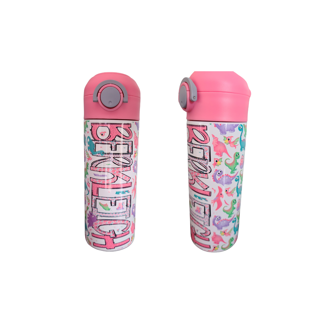 12 oz water bottle with pink lid that has a built in straw, locking push button and handle. This design features pastel rainbow dinosaurs. Personalized in coordinating colors. Back to School.
