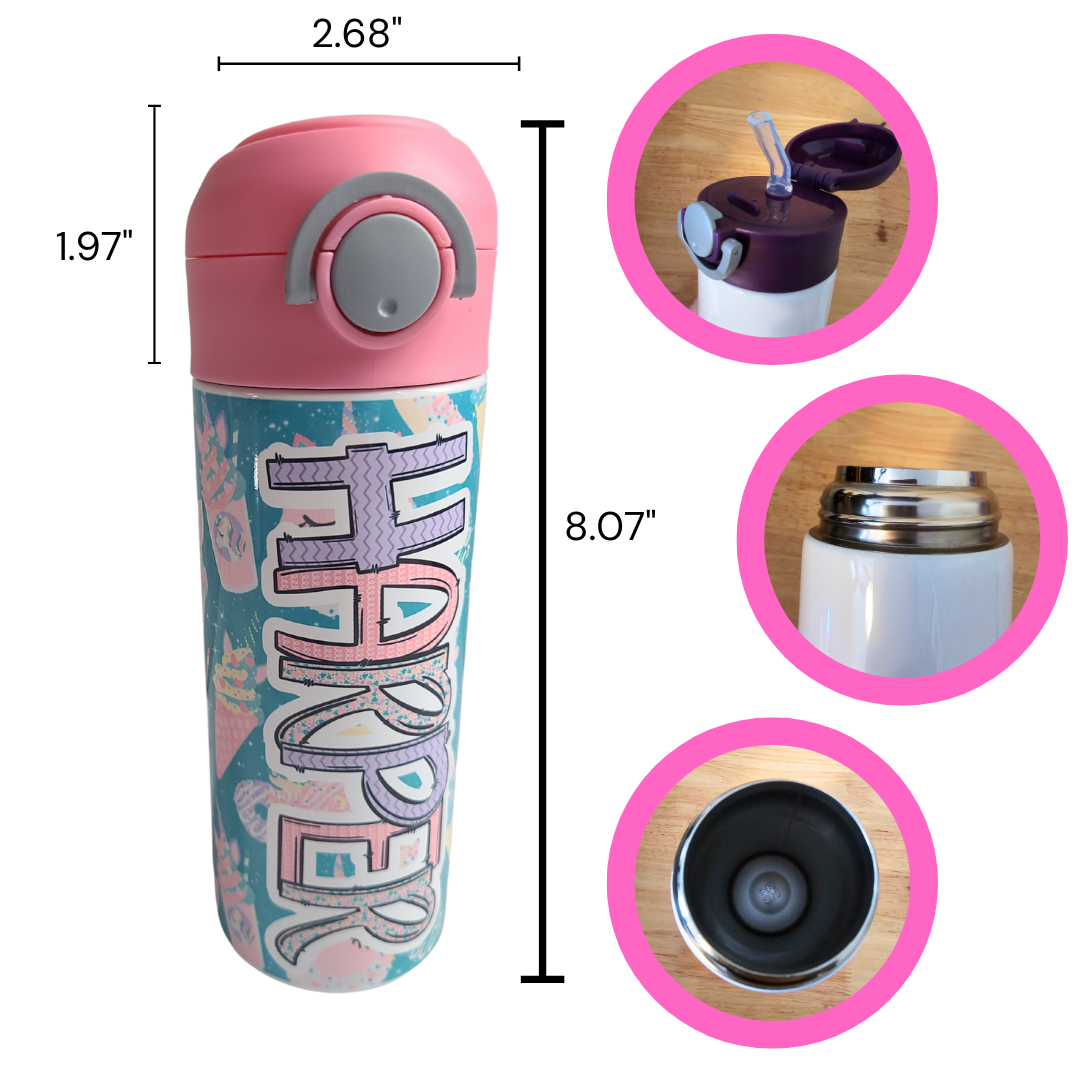 12 oz water bottle with pink lid showing features. Measurements of the entire bottle with lid is 8.07”. Width of 2.68”. and the lid height is 1.97”.  Lid pops open with push of a button. Straw then pops open. Interior of water bottle is silver.