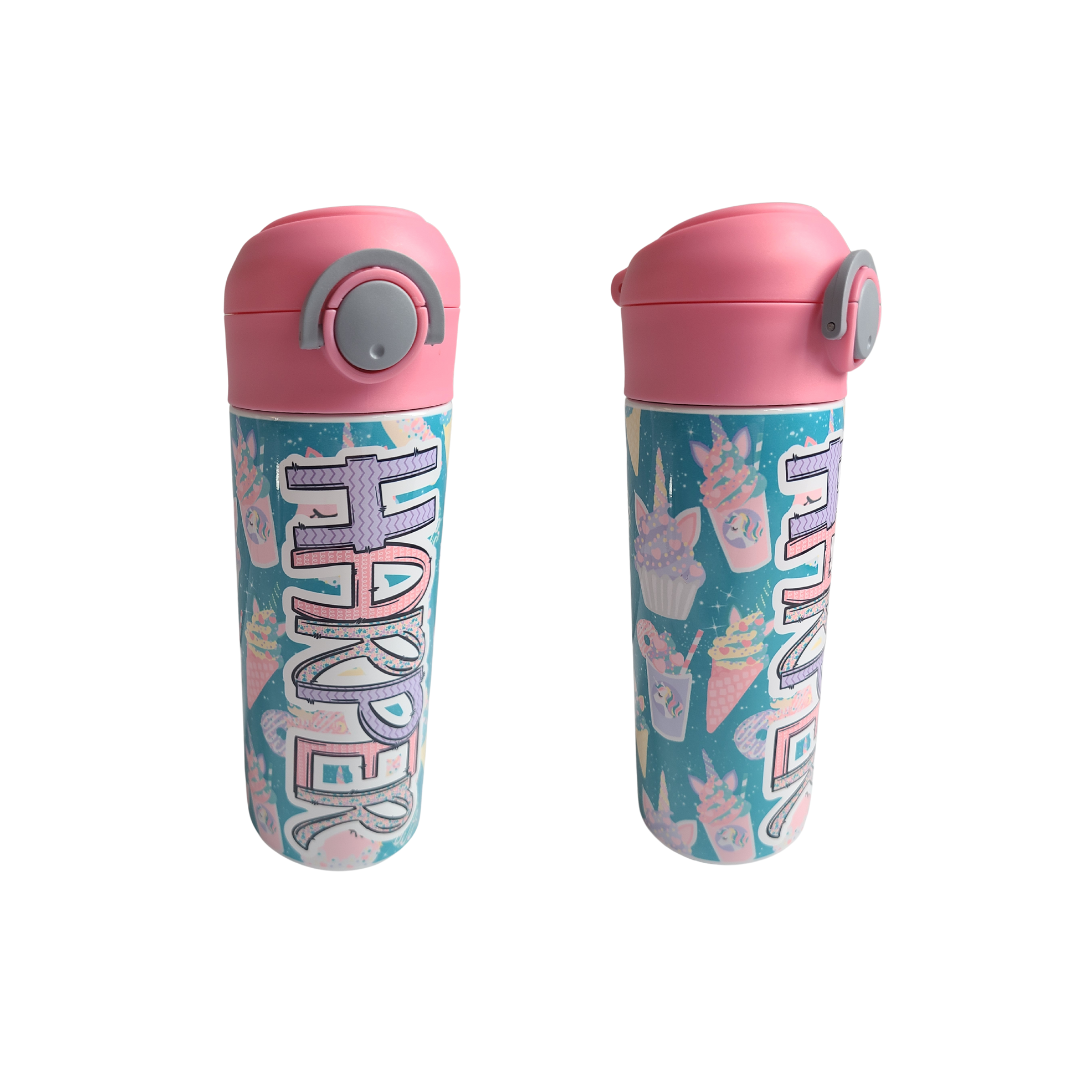  12 oz water bottle with pink lid that has a built-in straw, locking push button and handle. This design features pastel unicorn cupcakes and ice cream cones. Personalized in coordinating colors. Back to School.