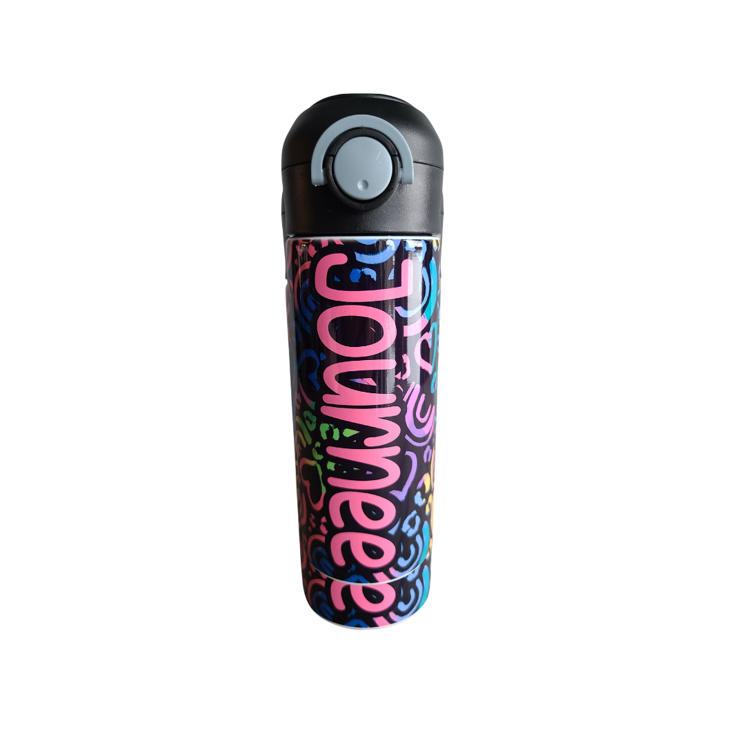 12 oz water bottle with a black lid that has a built-in straw, locking push button and handle. This design features a black background with neon colored hearts and rainbows. Personalized in coordinating colors. Back to School.