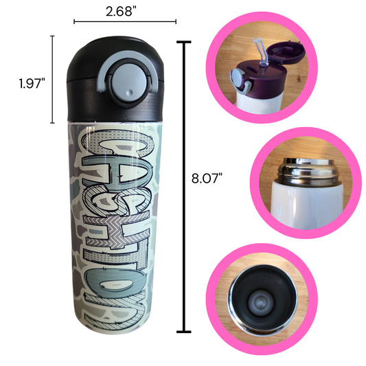 12 oz water bottle with pink lid showing features. Measurements of the entire bottle with lid is 8.07”. Width of 2.68”. and the lid height is 1.97”.  Lid pops open with push of a button. Straw then pops open. Interior of water bottle is silver.