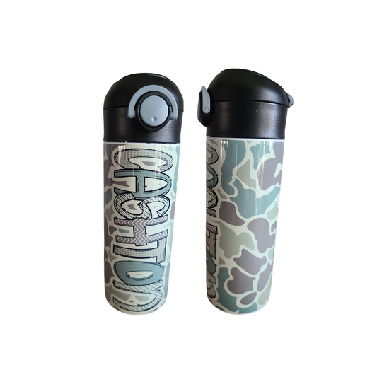 12 oz water bottle with a black lid that has a built-in straw, locking push button and handle. This design features a retro or muted camo print. Personalized in coordinating colors. Back to School.