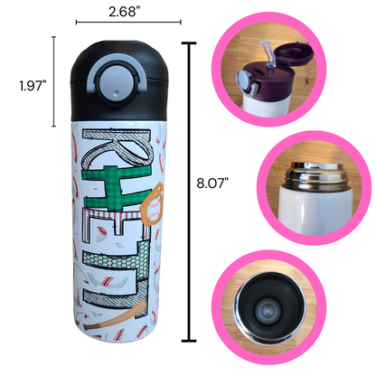 12 oz water bottle with pink lid showing features. Measurements of the entire bottle with lid is 8.07”. Width of 2.68”. and the lid height is 1.97”.  Lid pops open with push of a button. Straw then pops open. Interior of water bottle is silver.
